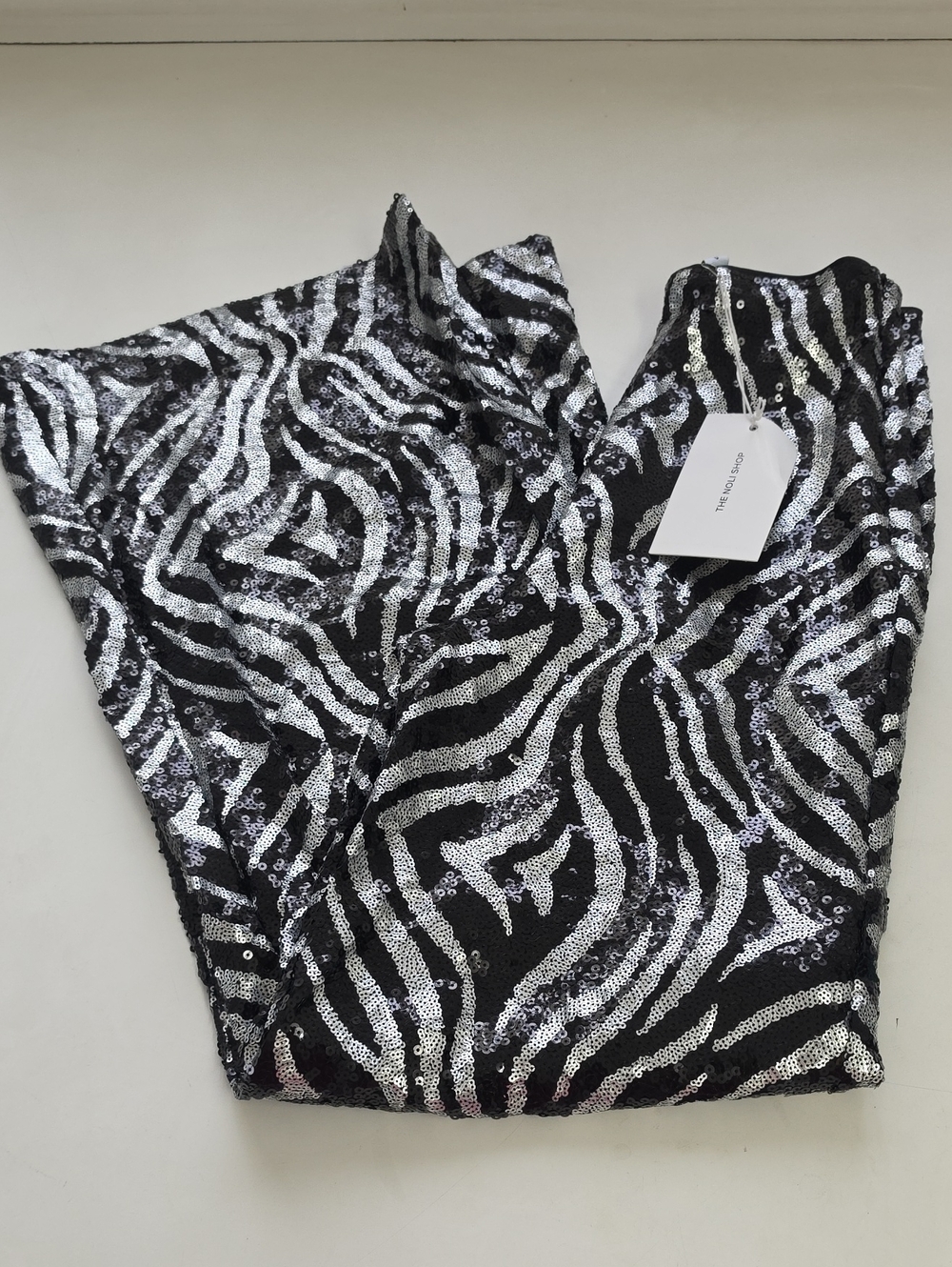 The Noli Shop high-waisted, wide-leg zebra print sequin pants